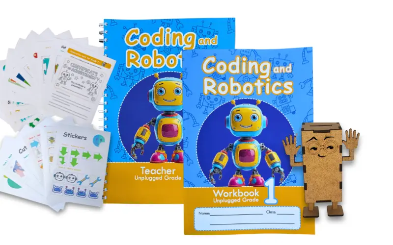 Grade 1 unplugged robotics and coding workbook kit with wooden robot and activity sheets