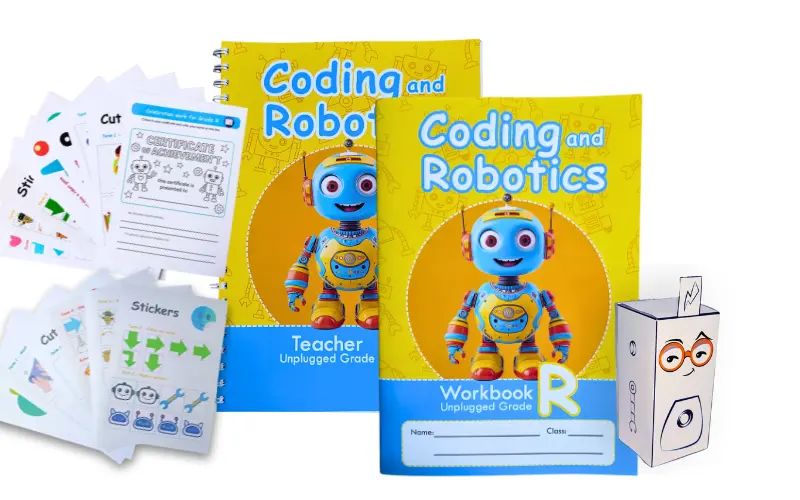 Grade R unplugged robotics and coding workbook kit with teacher and student books