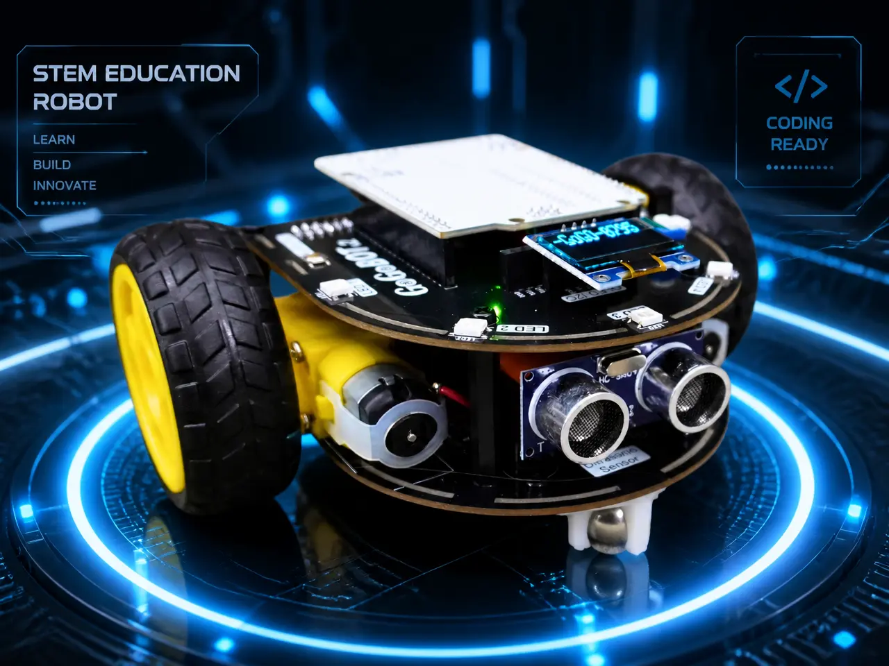 GoGoBot STEM education robot on a glowing platform with coding-ready classroom branding