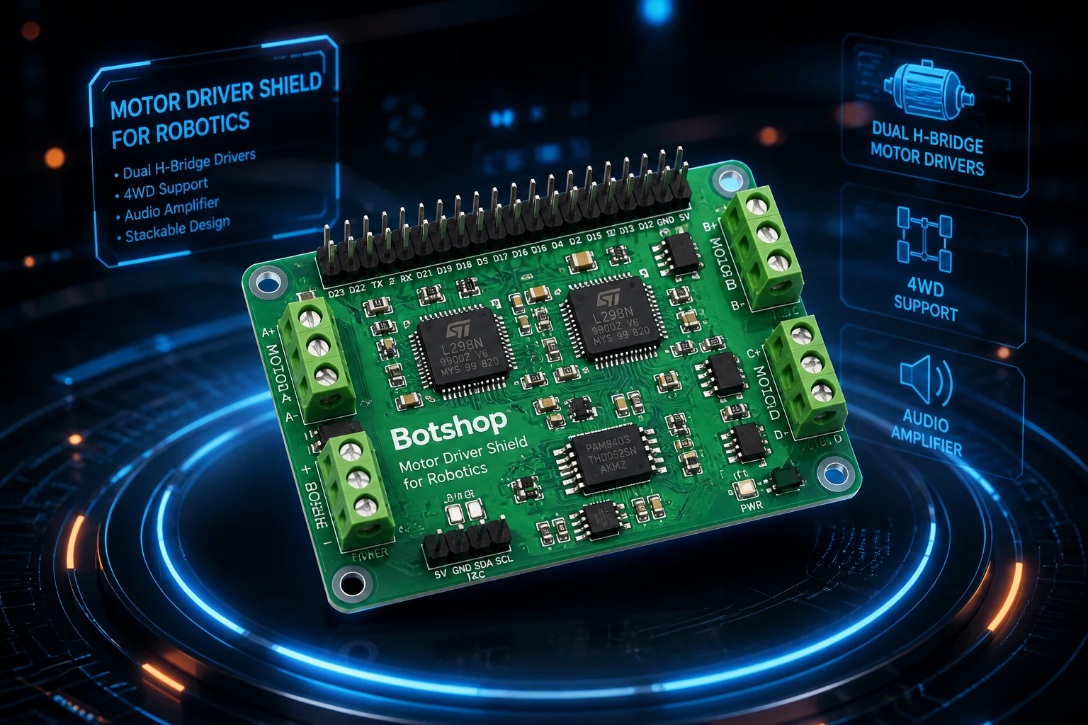 Botshop base motor driver board on a glowing tech platform with motor and amplifier features