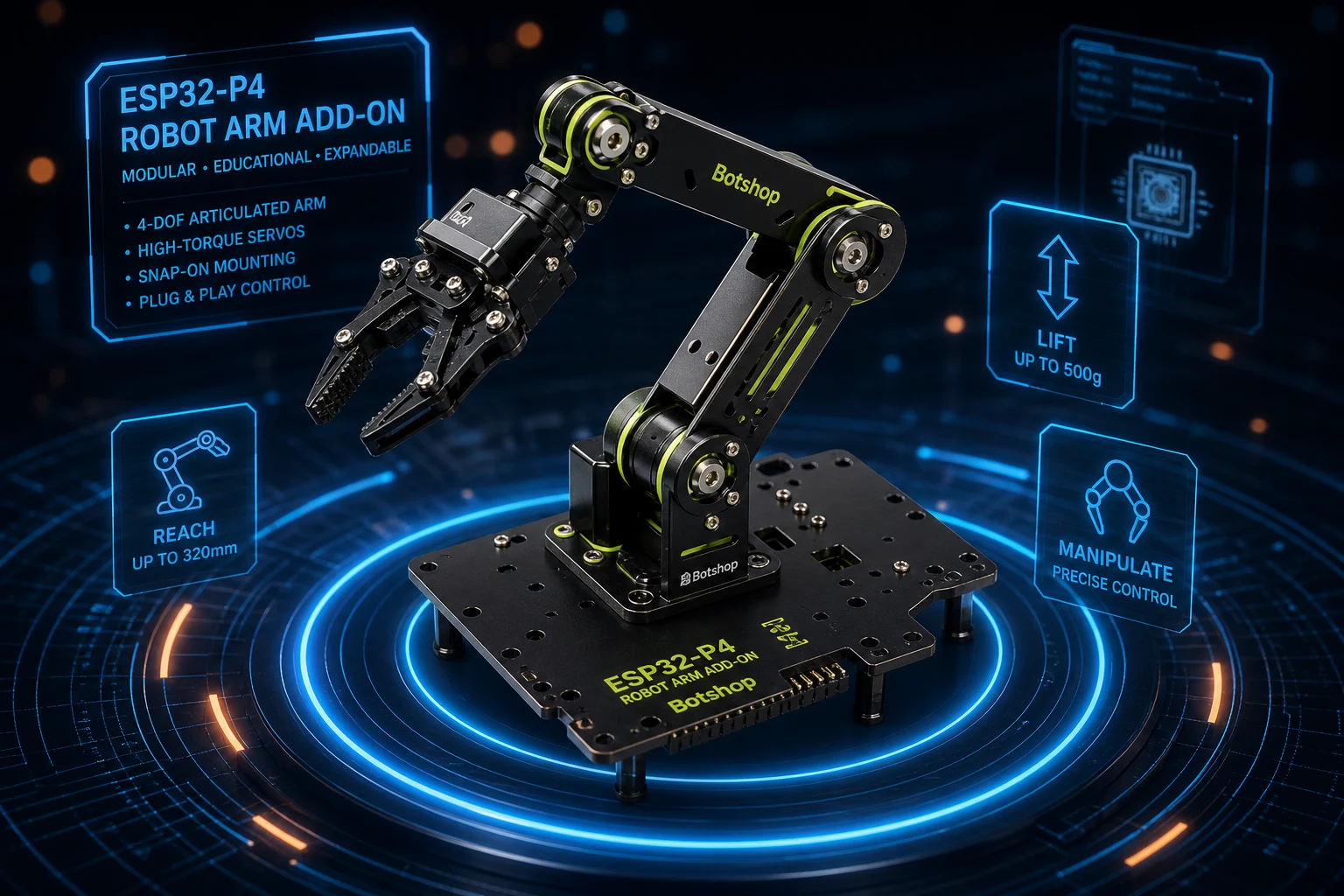 Botshop robot arm add-on on a glowing tech platform with reach and grip features