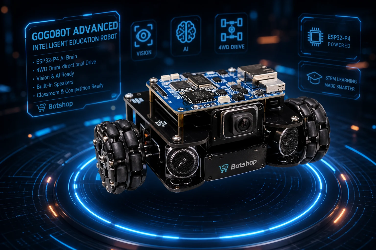 Intelligent robot chassis with vision and omni wheels on a glowing tech platform
