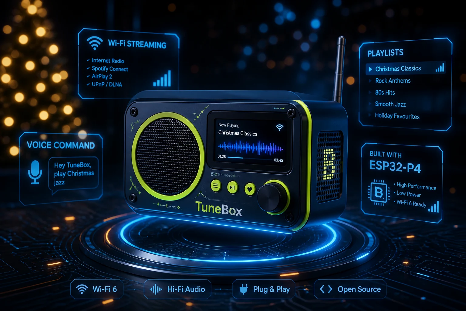 TuneBox Wi-Fi streaming jukebox on a glowing tech platform with voice and playlist features