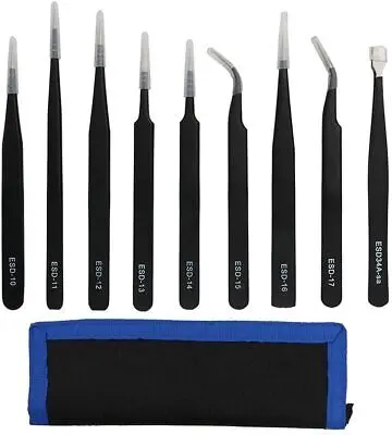 Stainless steel esd tweezers 9pc